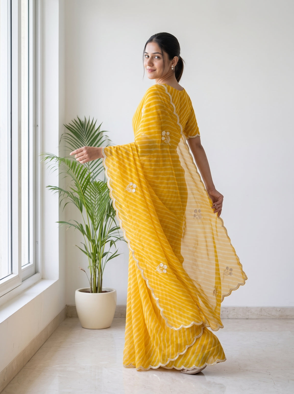Yellow Leheriya Georgette Saree with Pearl Work & Blouse Piece