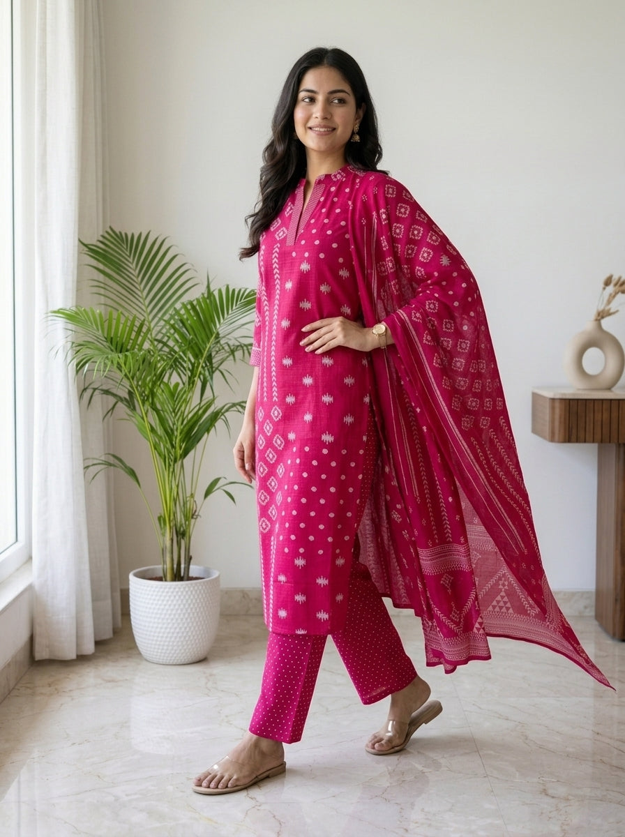 Rani Pink Ikat Print Cotton Kurta Pant Set with Dupatta