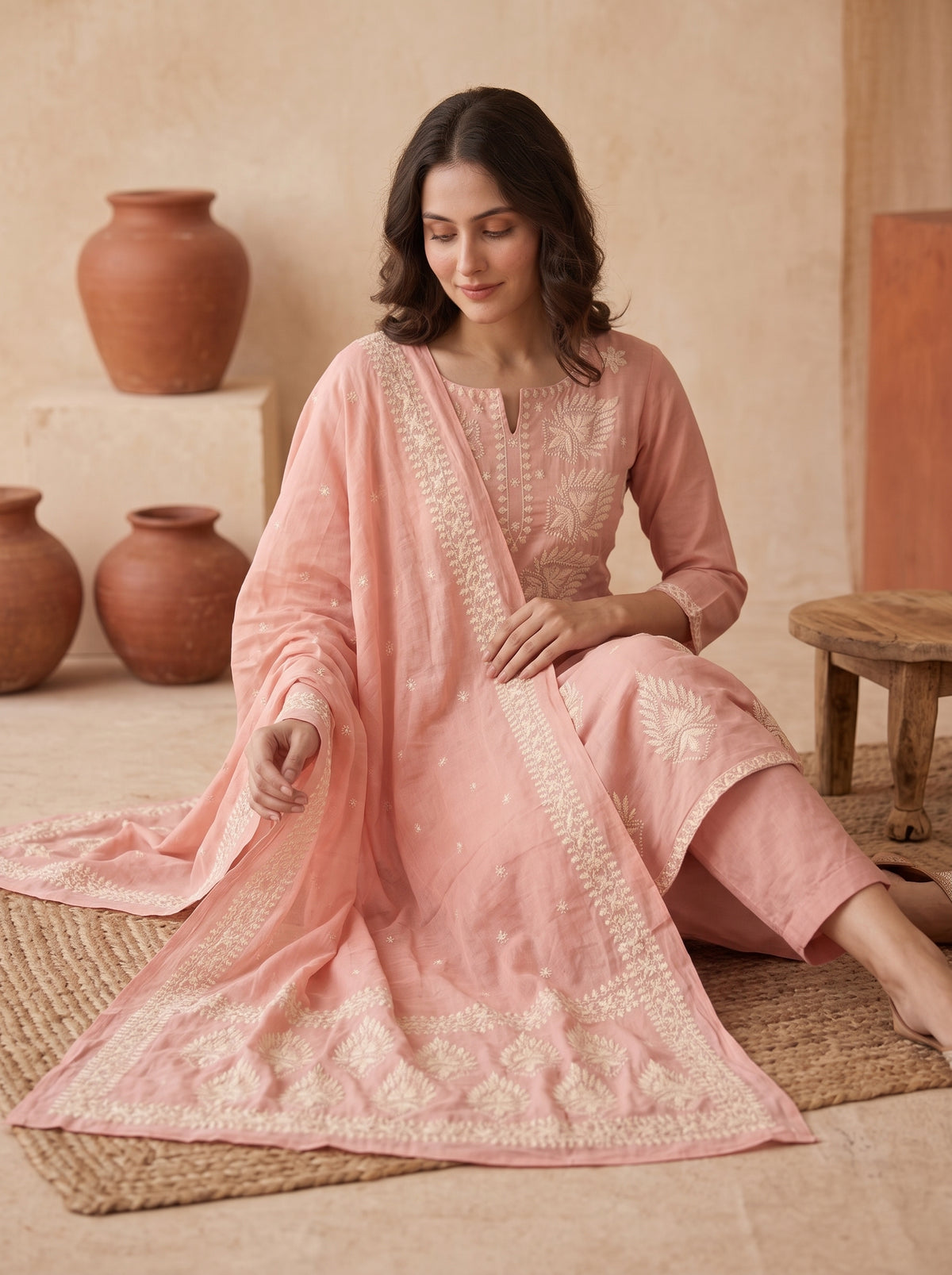 Peach Chikankari Embroidered Cotton Kurta Set with Dupatta