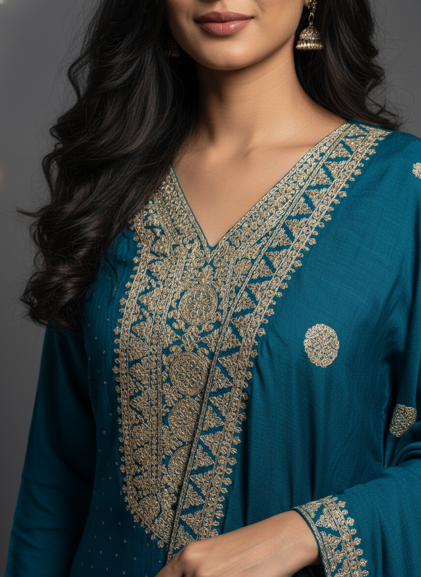 Regal Firozi Viscose Anarkali Suit Set with Heavy Gold Zari Embroidery