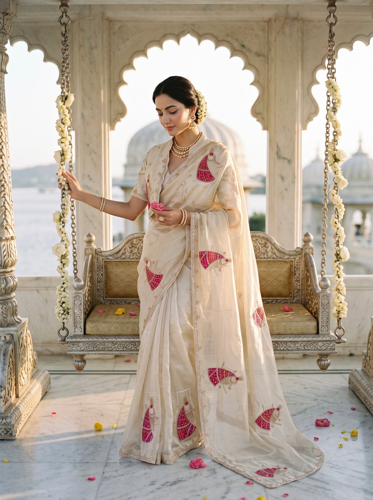 Ivory Organza Saree with Fuchsia Ghoomar Motif Embroidery