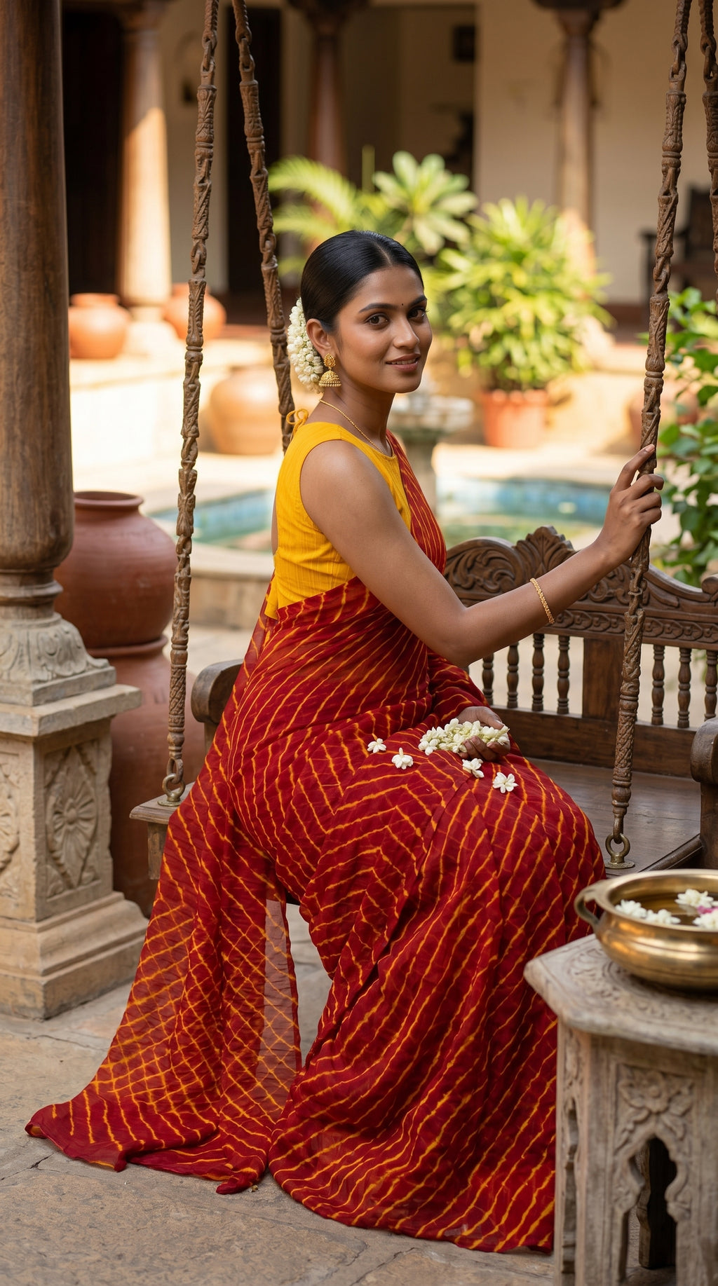 Maroon & Mustard Leheriya Georgette Saree with Blouse Piece