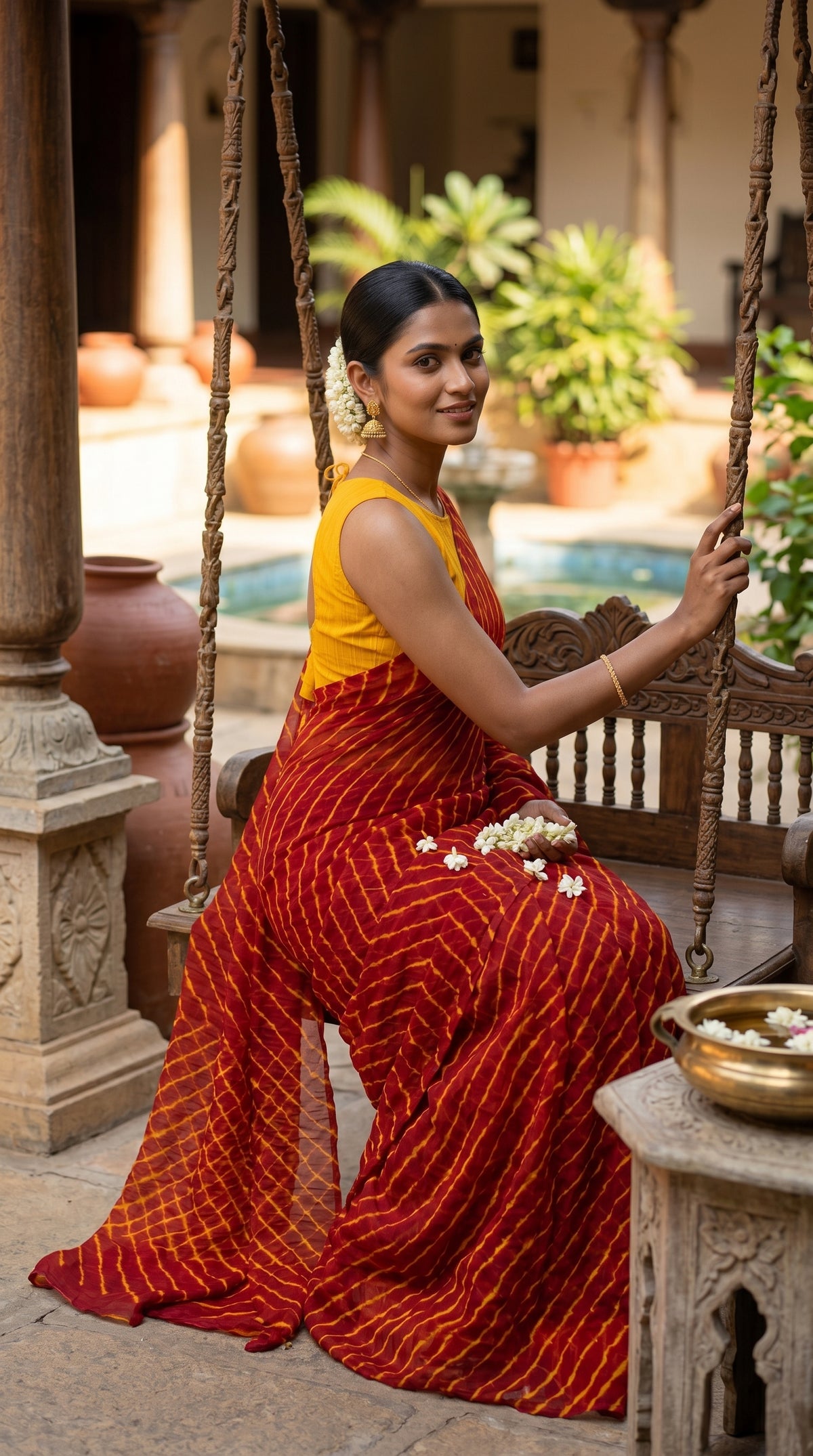Maroon & Mustard Leheriya Georgette Saree with Blouse Piece