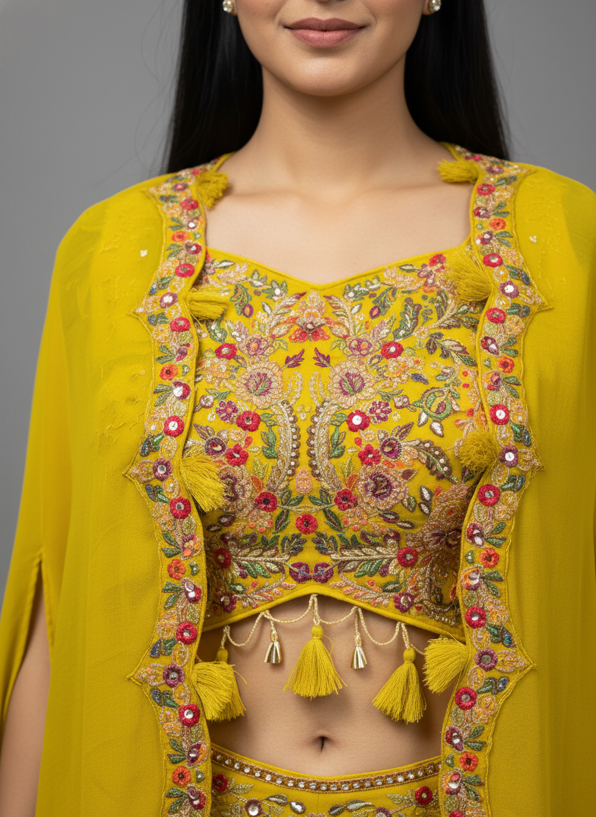 Mustard Yellow Georgette Lehenga Set with Floral Embroidered Cape – Haldi & Mehendi