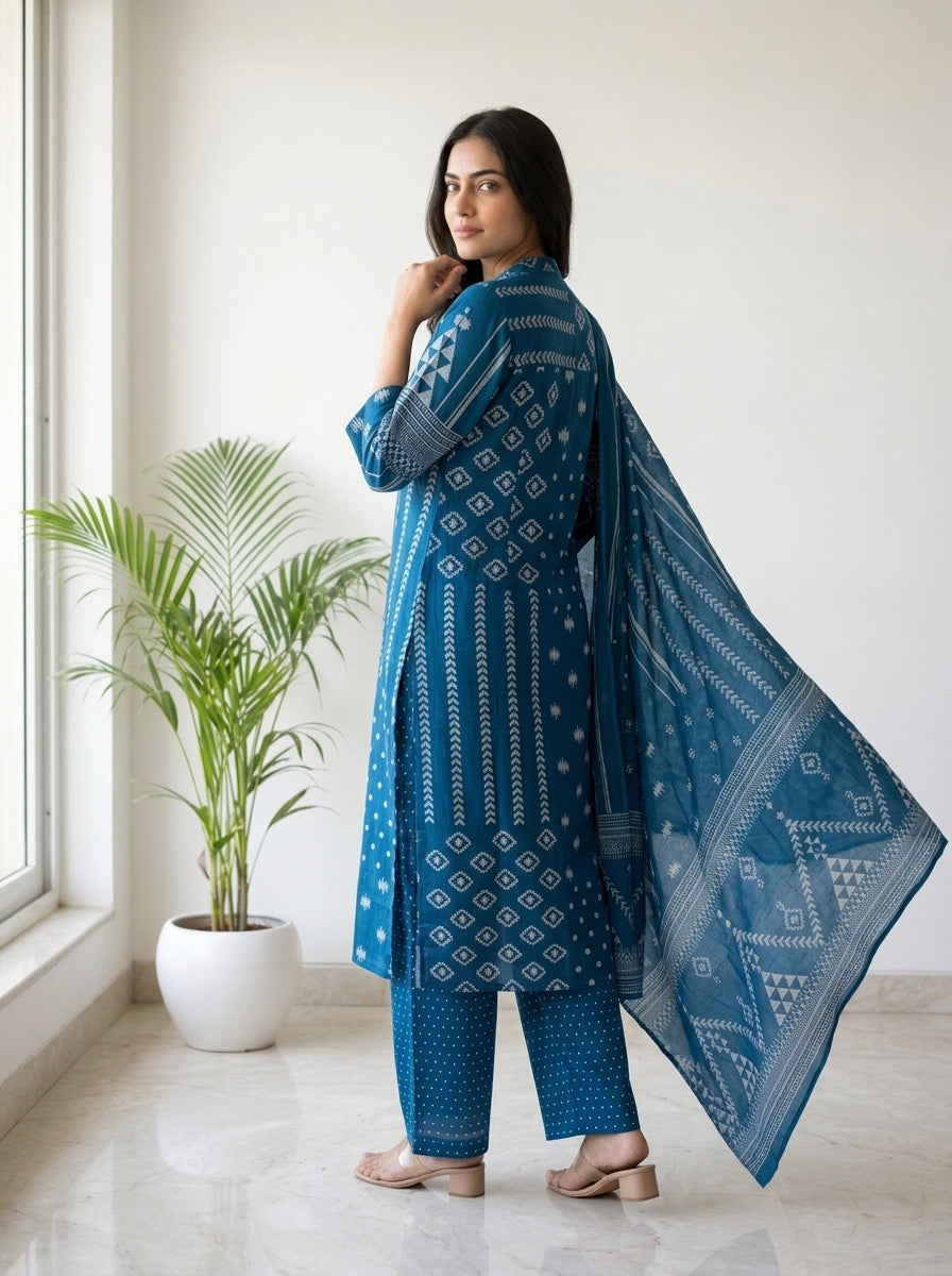 Teal Blue Ikat Print Cotton Kurta Pant Set with Dupatta