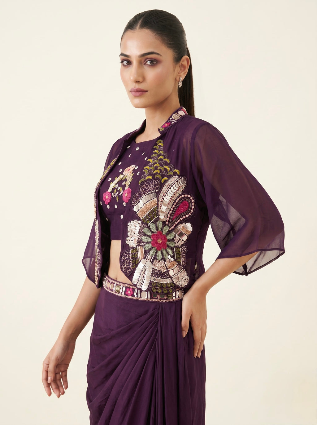 Purple Chinon Crepe Draped Skirt Set with Embroidered Crop Top & Cape Jacket