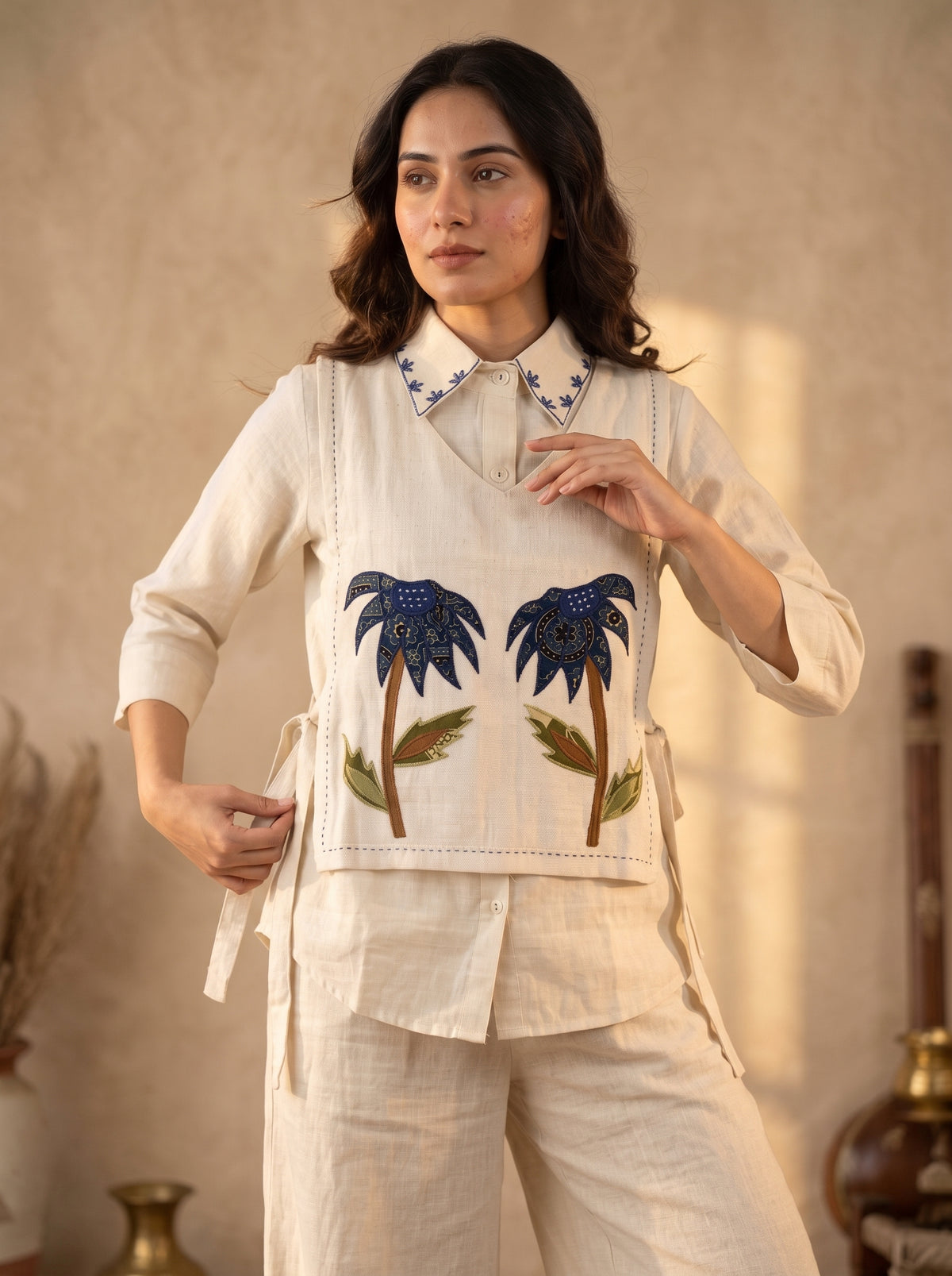 Ivory Cotton Linen Co-ord Set with Floral Appliqué