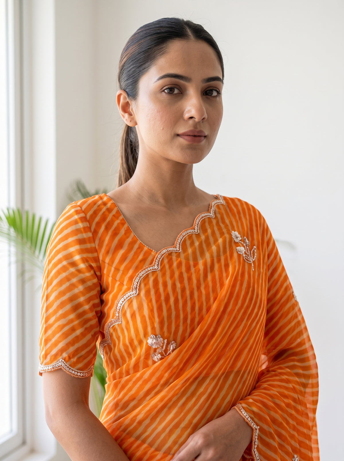 Orange Leheriya Georgette Saree with Pearl Work & Blouse Piece