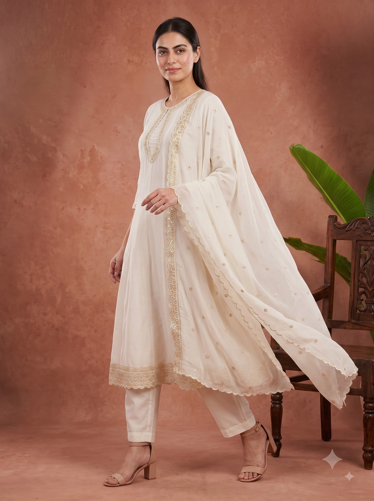 Ivory Zari Embroidered Silk Anarkali Kurta Set