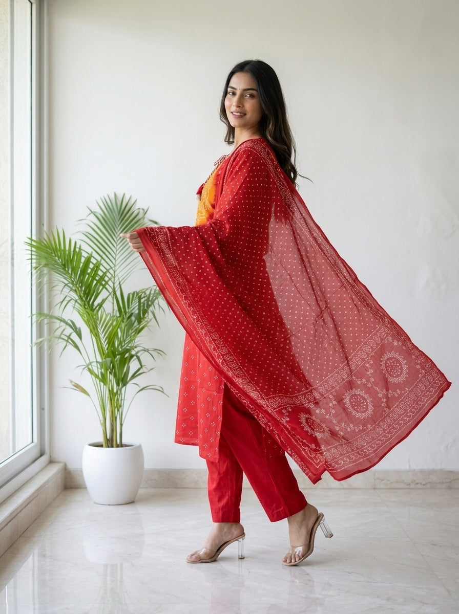 Red Bandhani Print Cotton Kurta Pant Set with Dupatta