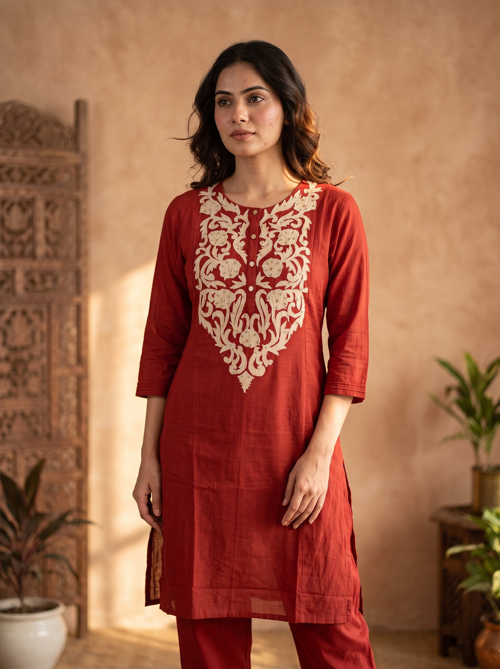 Rust Red Aari Embroidered Cotton Kurta Pant Set