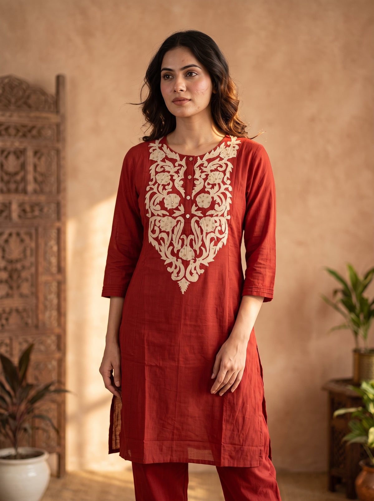 Rust Red Aari Embroidered Cotton Kurta Pant Set