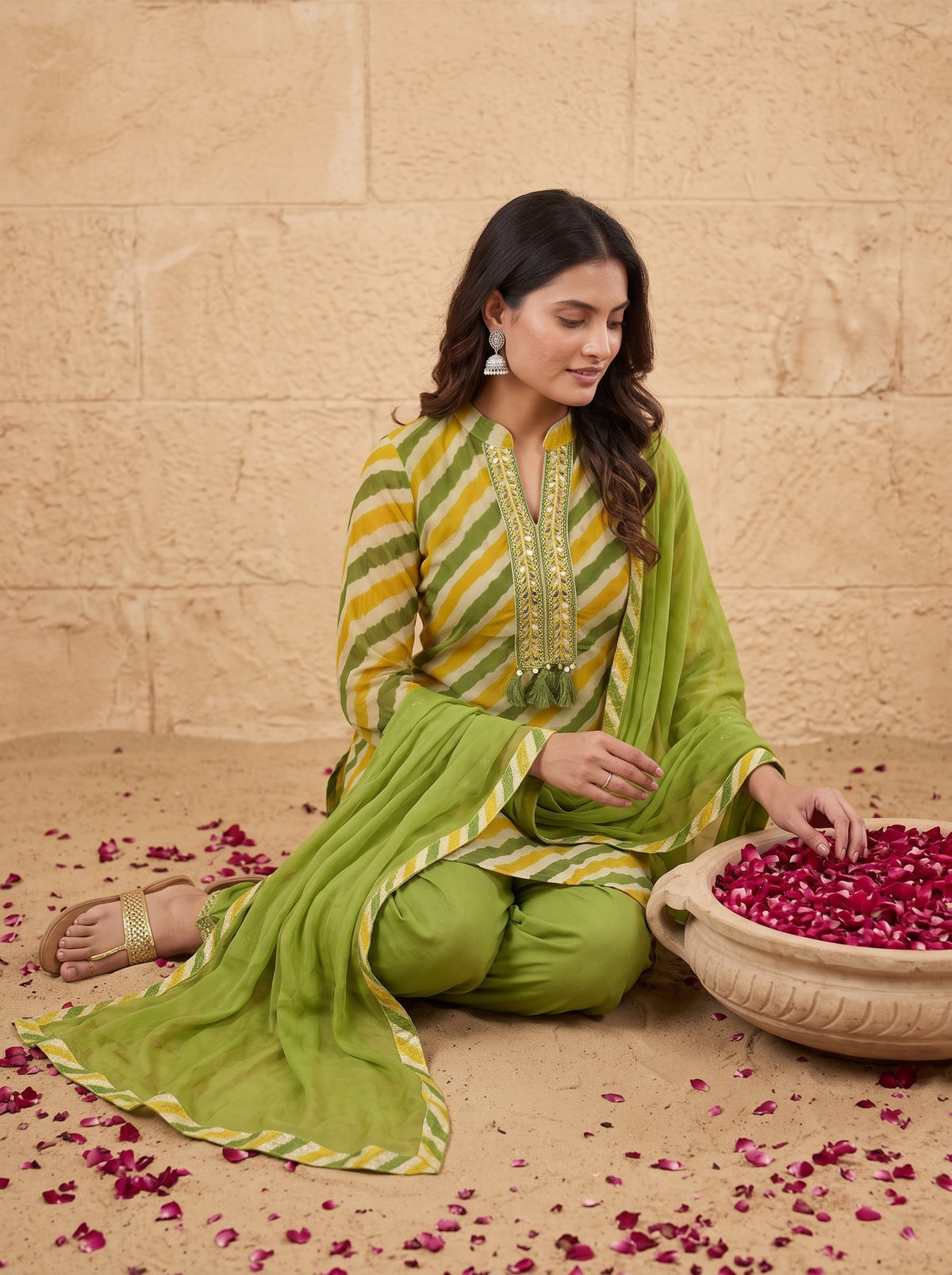 Green Leheriya Chinon Kurta with Salwar Set