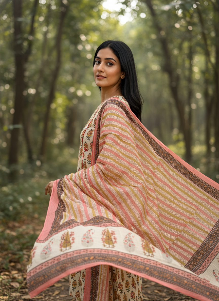 Beige Coral Floral Cotton Kurta Set for Women – A-Line Daily Wear Palazzo Suit