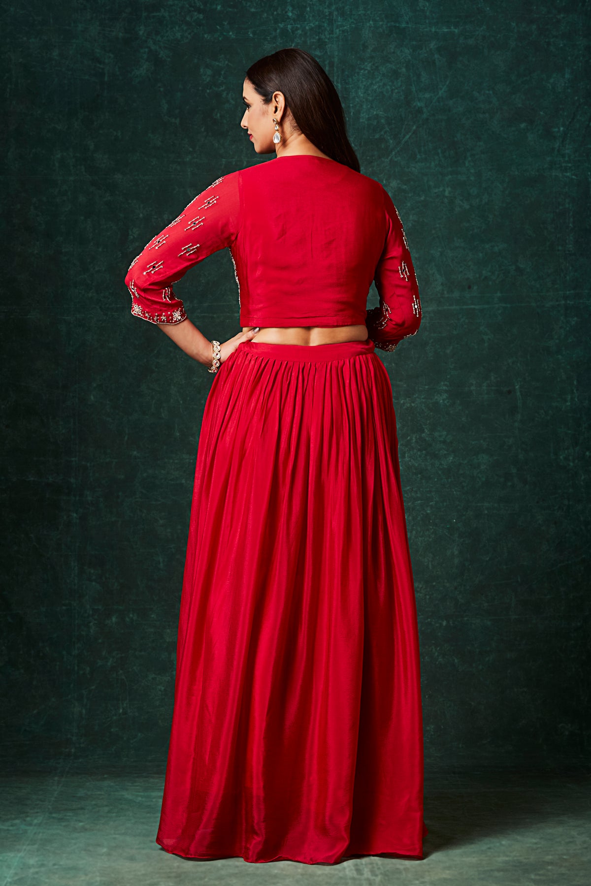 Crimson Red Lehenga Set with Embroidered Jacket – Three-Piece Wedding Wear