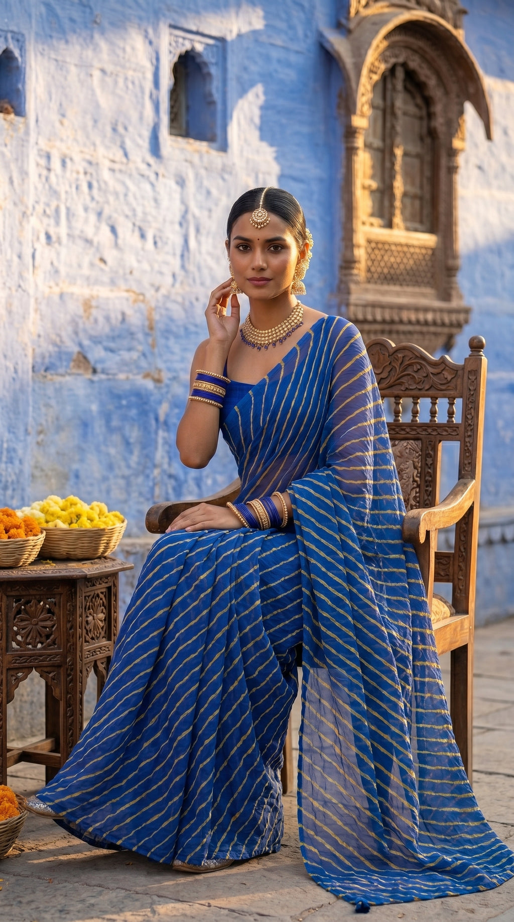 Blue & Yellow Leheriya Georgette Saree with Blouse Piece