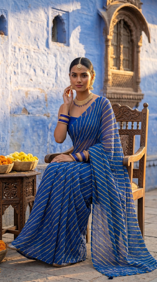 Blue & Yellow Leheriya Georgette Saree with Blouse Piece
