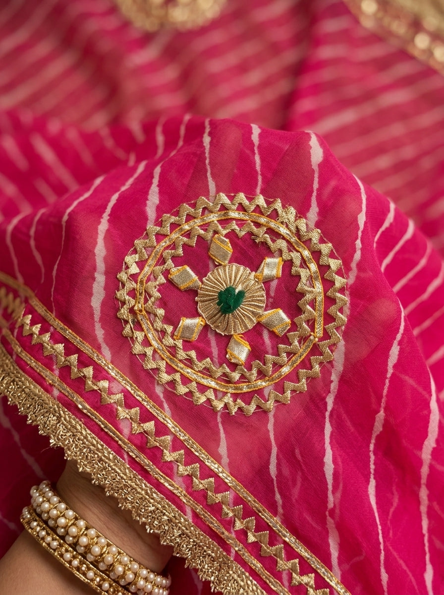 Rani Pink Leheriya Georgette Saree with Gota Mirror Motifs