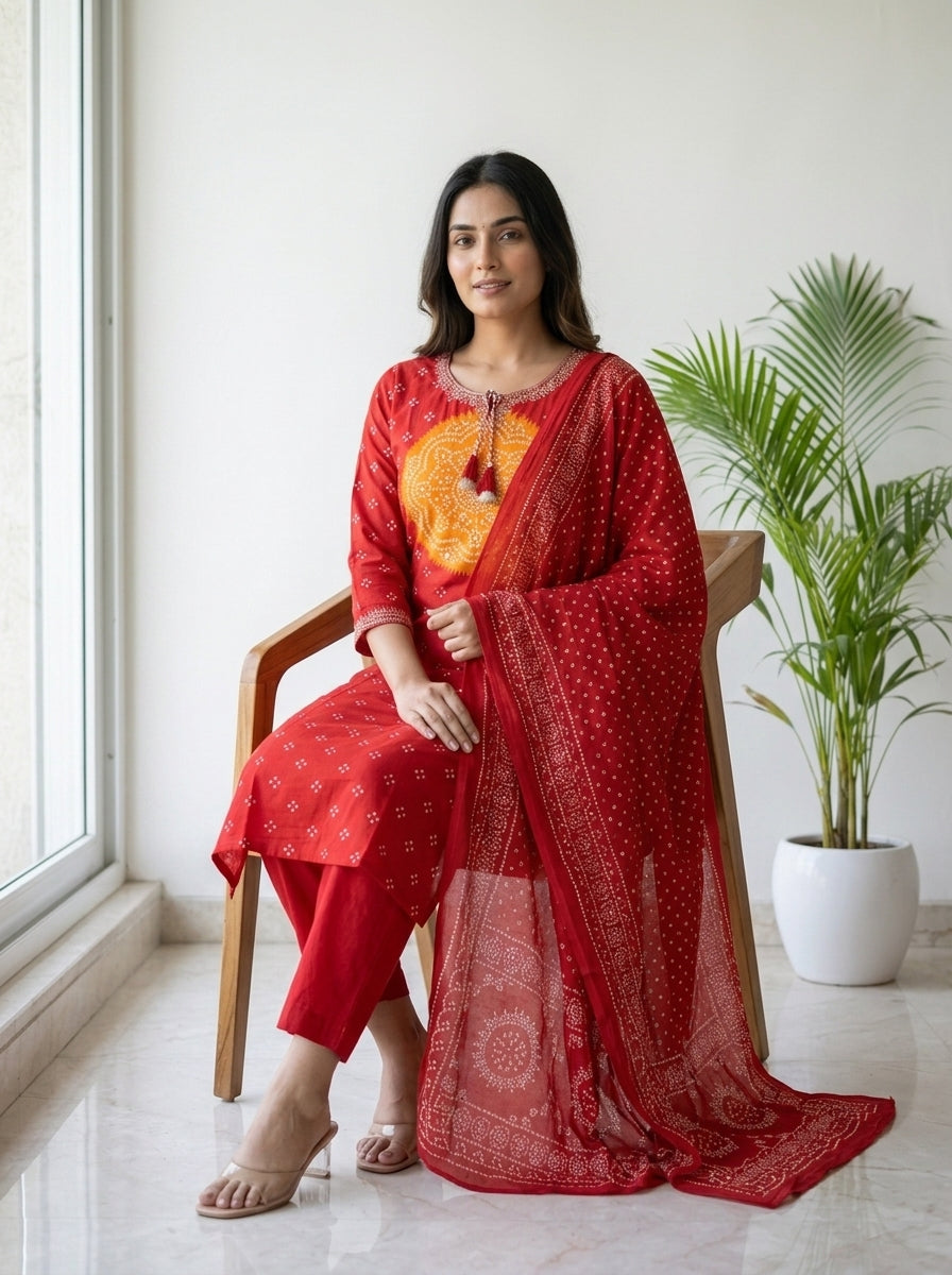 Red Bandhani Print Cotton Kurta Pant Set with Dupatta