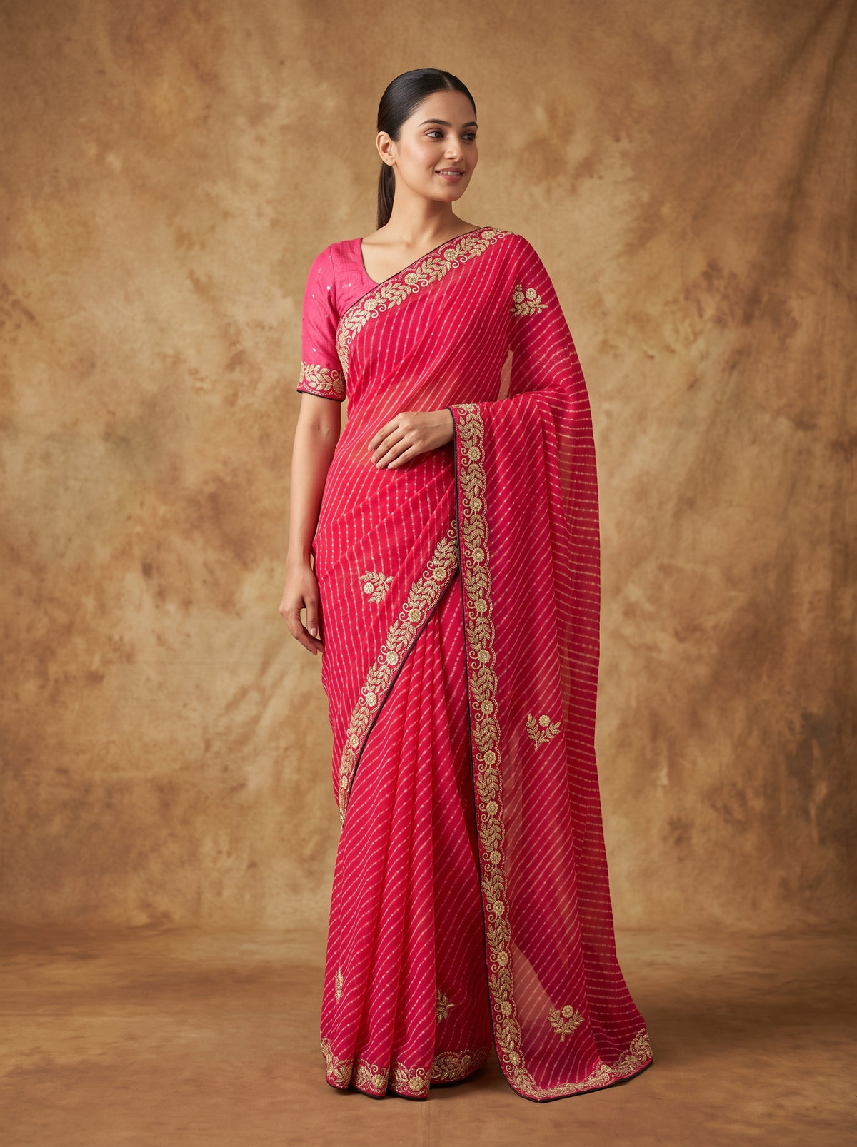 Rani Pink Leheriya Georgette Saree with Gold Zardozi Embroidered Border & Blouse Piece