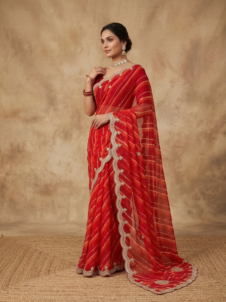 Red Leheriya Georgette Saree with Pearl Scalloped Border