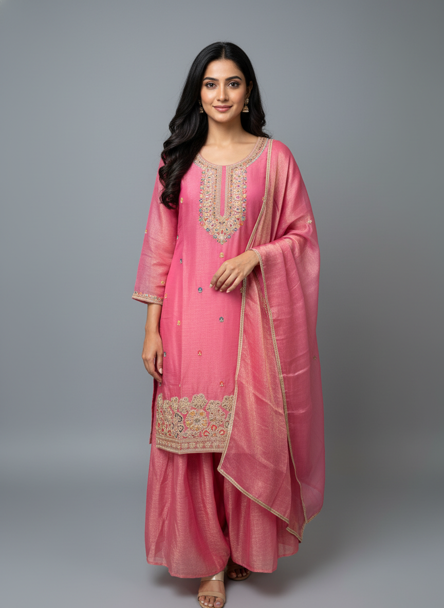 Rose Pink Floral Embroidered Georgette Suit Set – The Amara