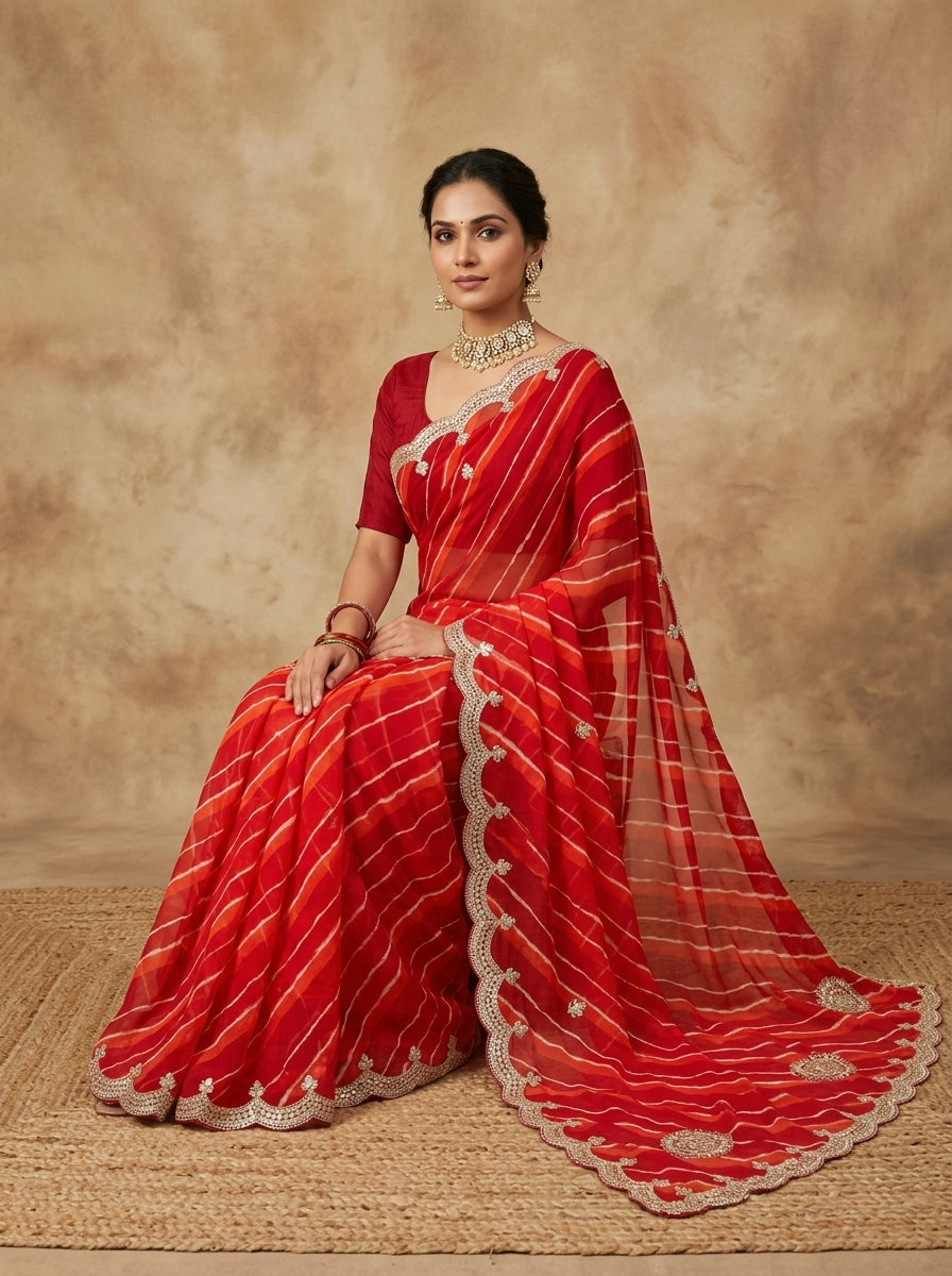 Red Leheriya Georgette Saree with Pearl Scalloped Border