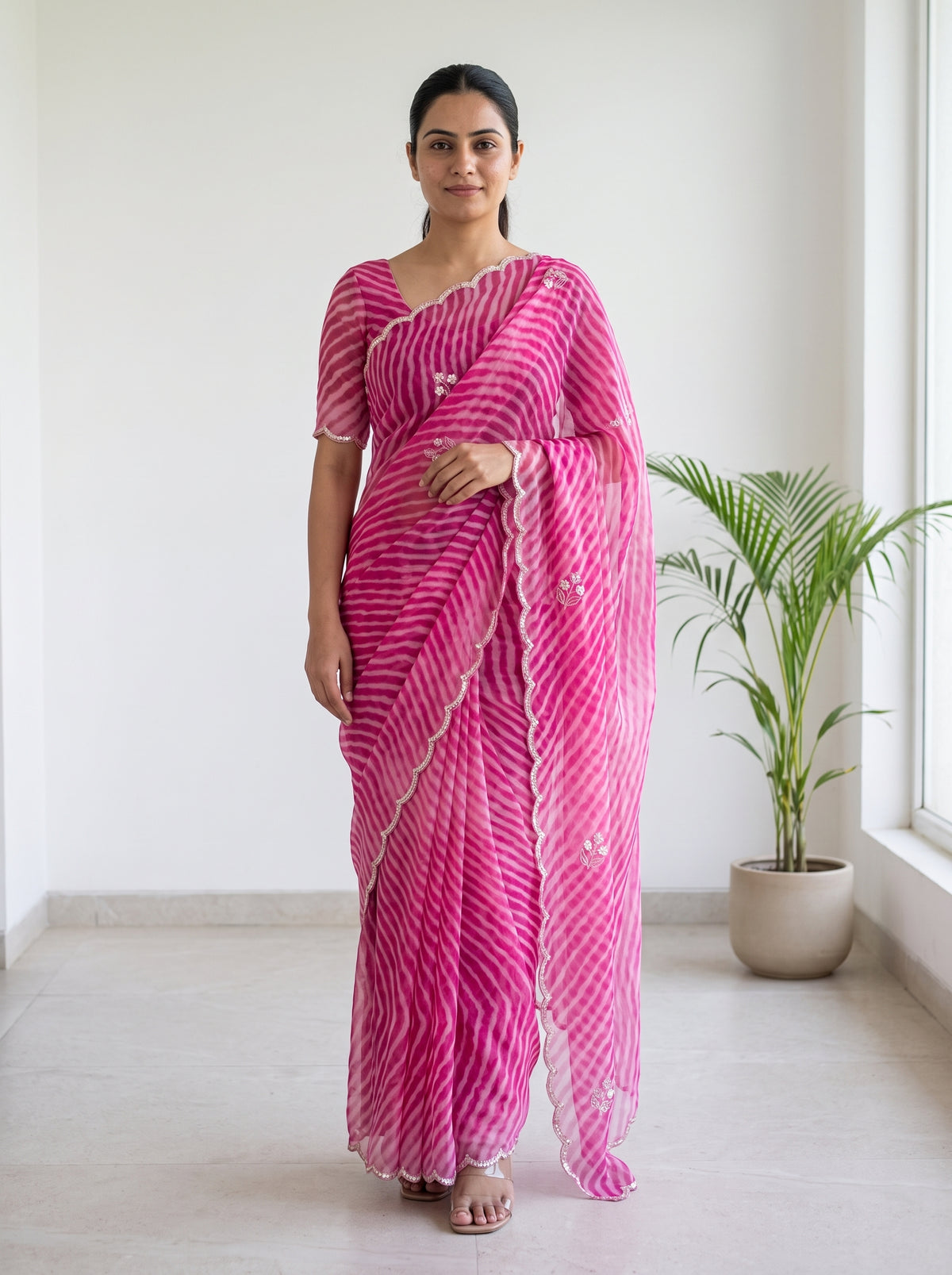 Pink Leheriya Georgette Saree with Pearl Work & Blouse Piece