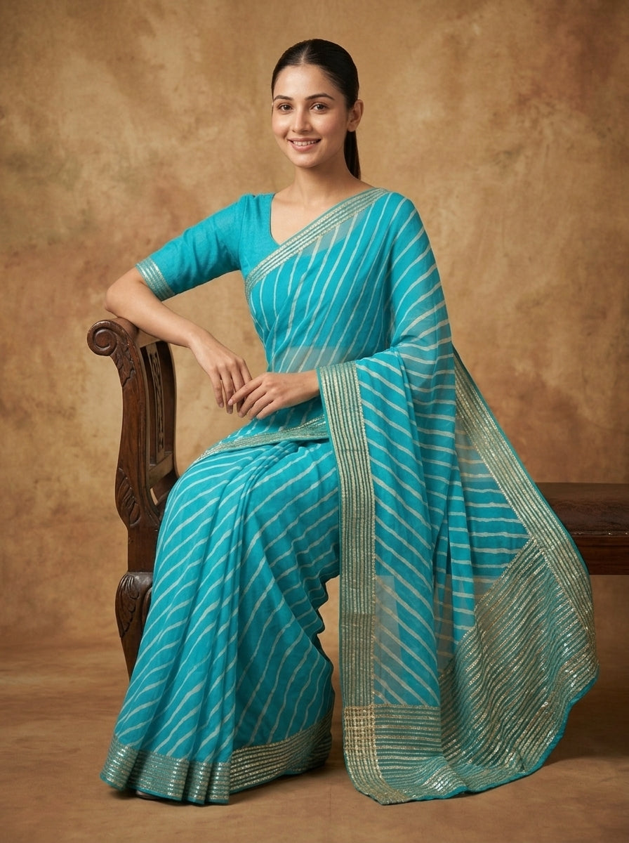 Turquoise Blue Leheriya Modal Silk Saree for Women with Zari Border & Blouse Piece