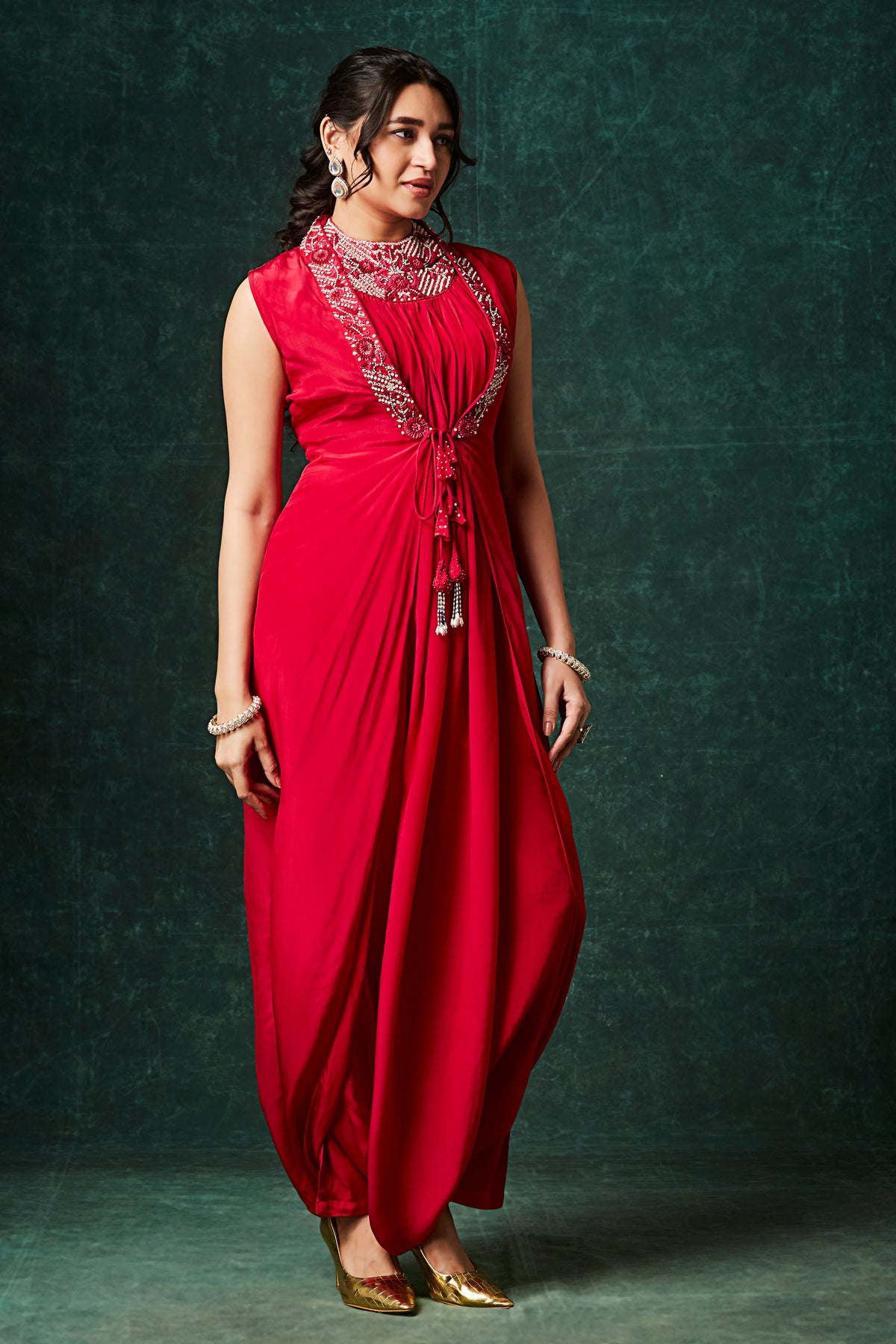 Ruby Red Moroccan Drape Jumpsuit with Beaded Neckline