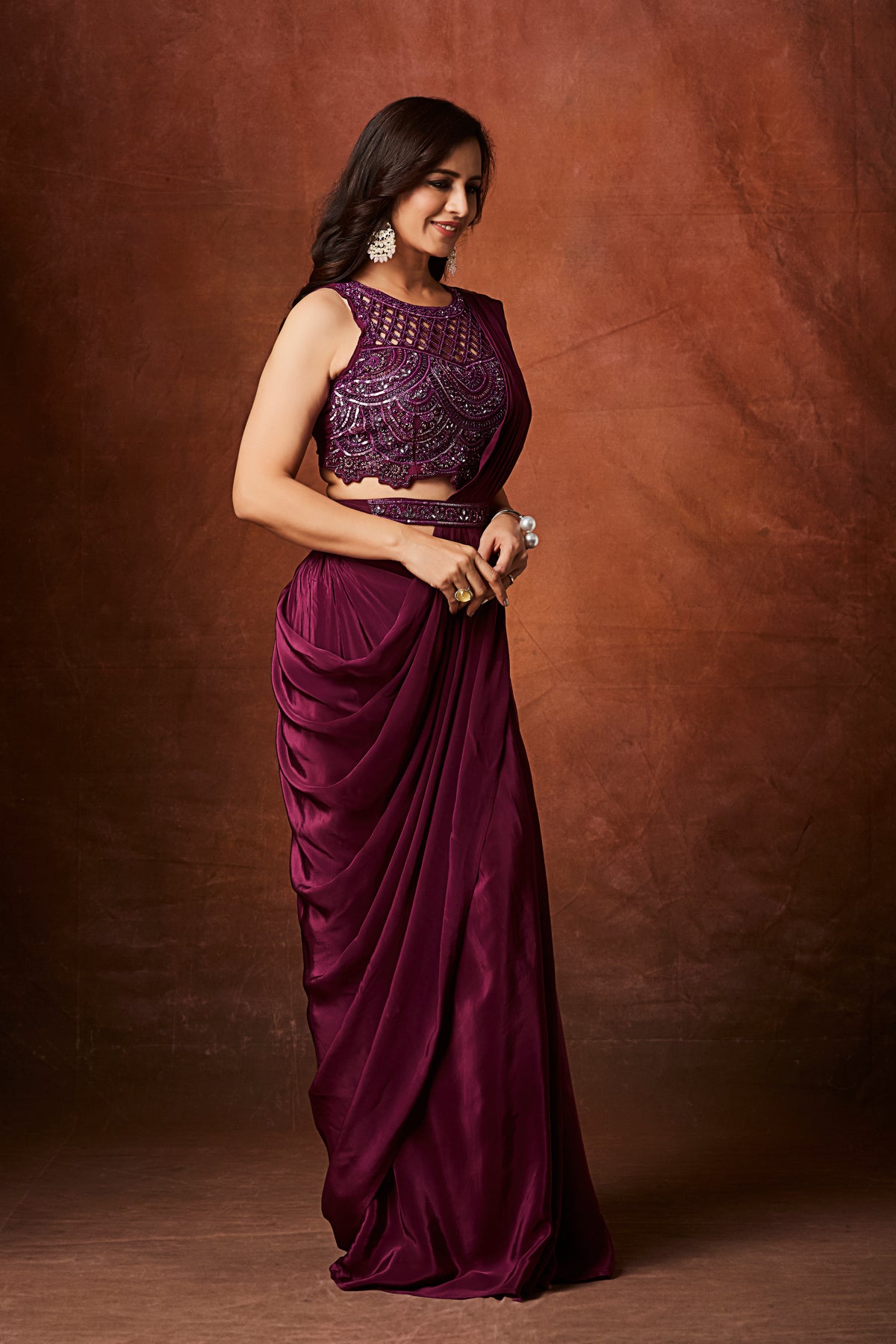 Plum Luxe Pre-Draped Saree Gown – Modern Indo-Western