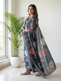 Blue Floral Print Cotton Kurta Pant Set with Dupatta