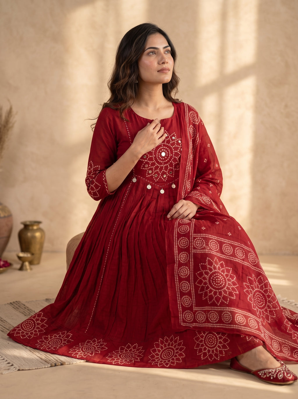 Red Bandhani Mirror Work Anarkali Kurta Set with Dupatta
