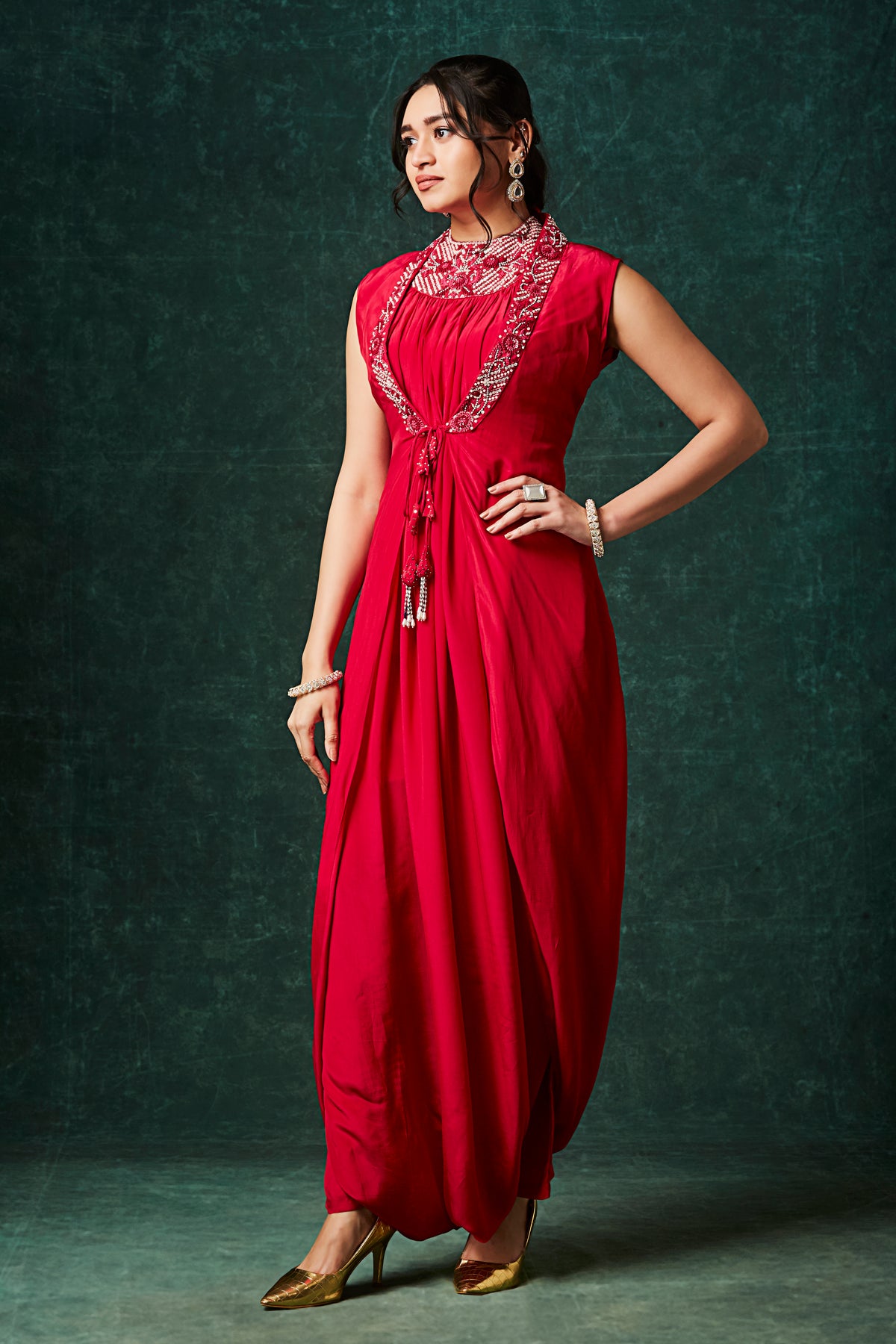 Ruby Red Moroccan Drape Jumpsuit with Beaded Neckline