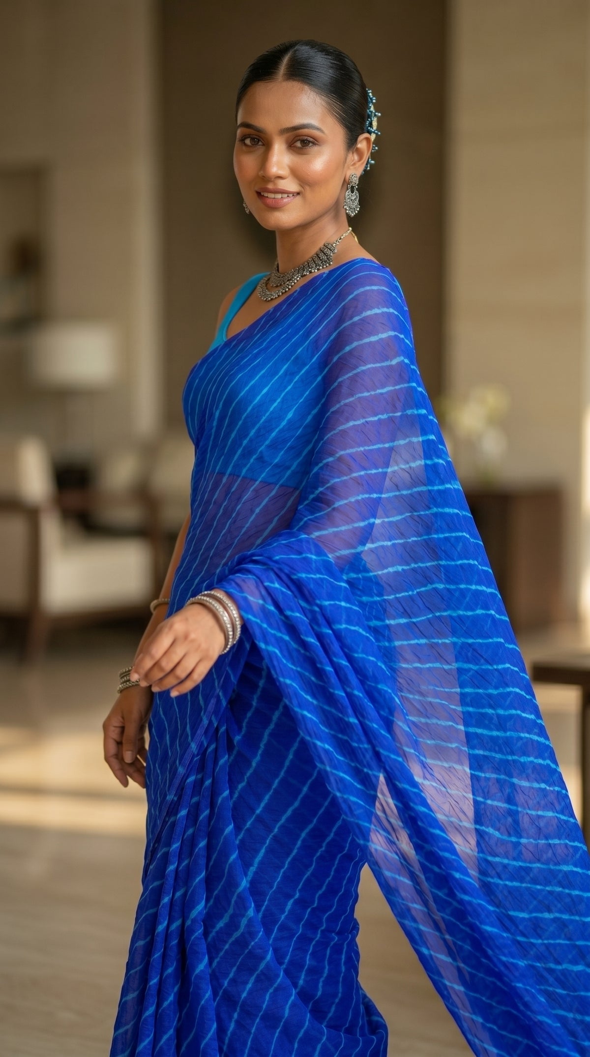 Royal Blue Leheriya Georgette Saree with Blouse Piece