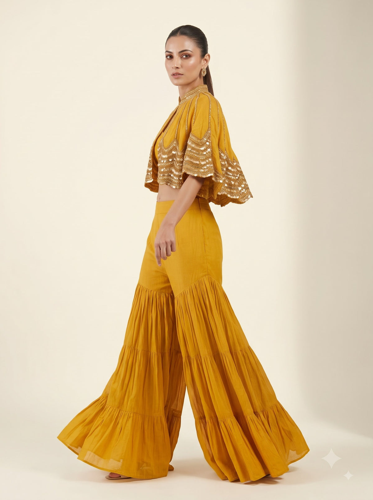Mustard Chinon Crepe Sharara Set with Embellished Cape & Crop Top