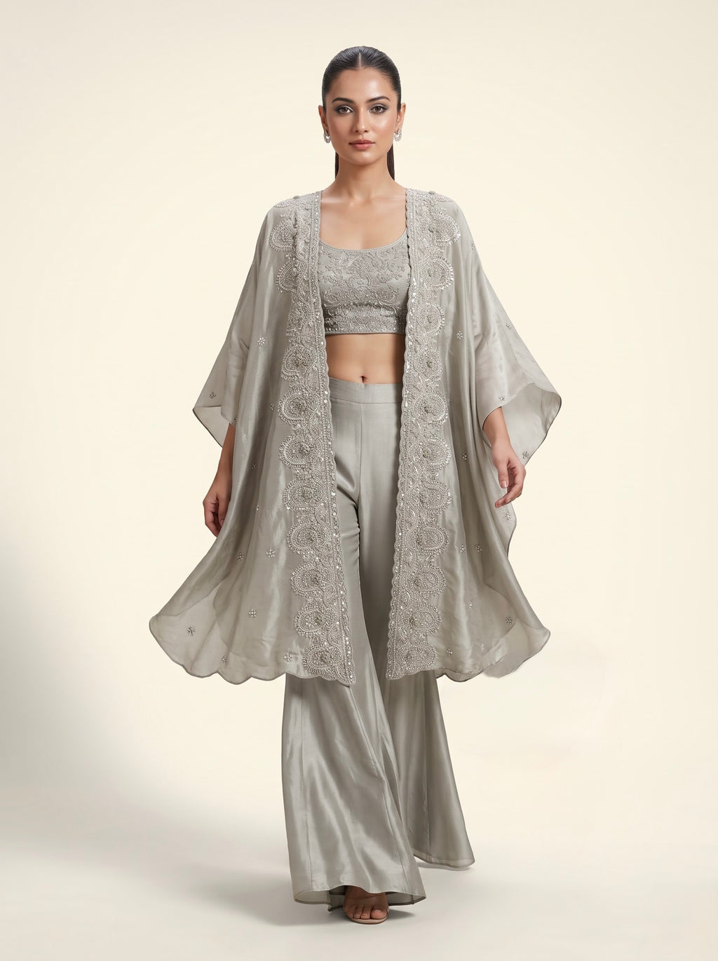 Silver Grey Italian Crepe Cape Set with Pearl Embroidered Crop Top & Palazzo