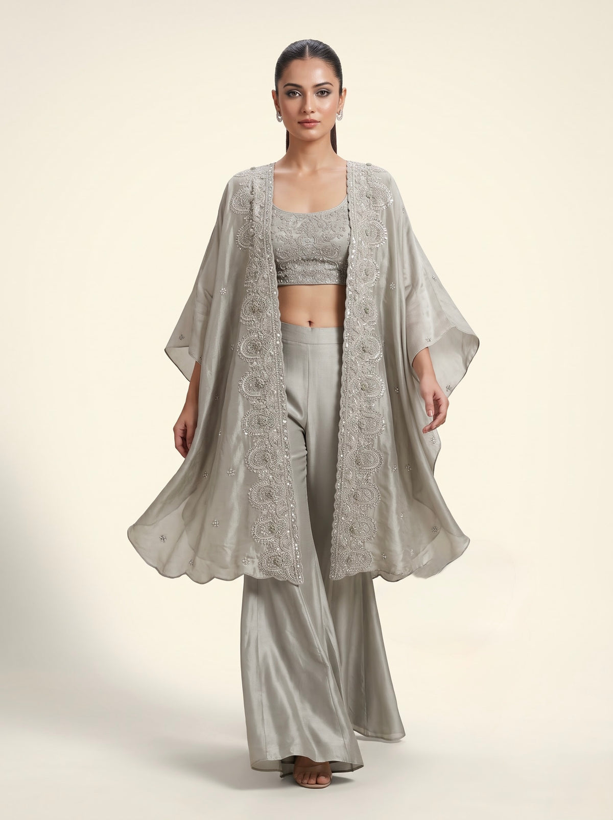 Silver Grey Italian Crepe Cape Set with Pearl Embroidered Crop Top & Palazzo