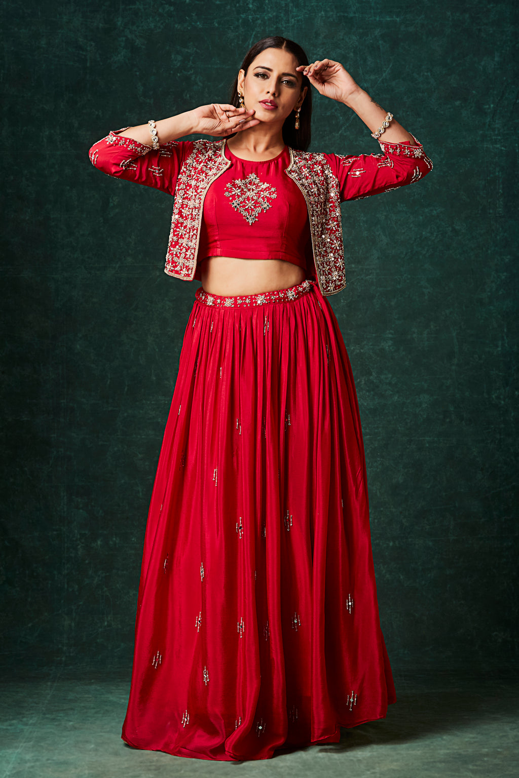 Crimson Red Lehenga Set with Embroidered Jacket – Three-Piece Wedding Wear