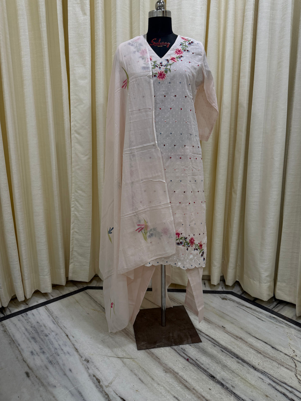 Nude Pink Embroidered Cotton Kurta Set for Women – Scalloped Hem Ethnic Suit
