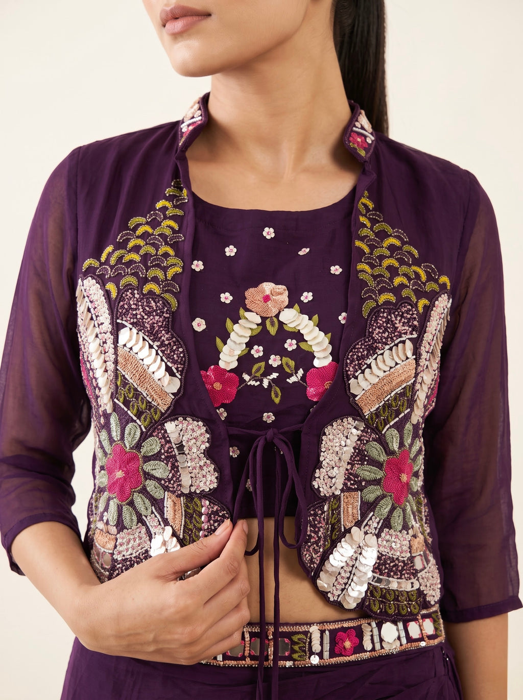 Purple Chinon Crepe Draped Skirt Set with Embroidered Crop Top & Cape Jacket