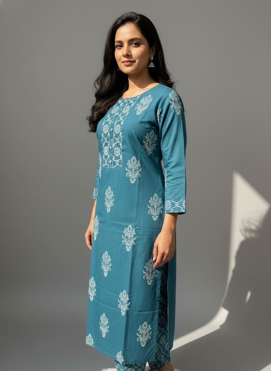 Teal Blue Mandala Print Cotton Kurta Set for Women – Daily Wear Ethnic Suit