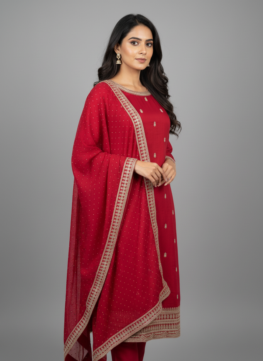 Scarlet Red Viscose Kurta Set with Zari and Sequin Embroidery