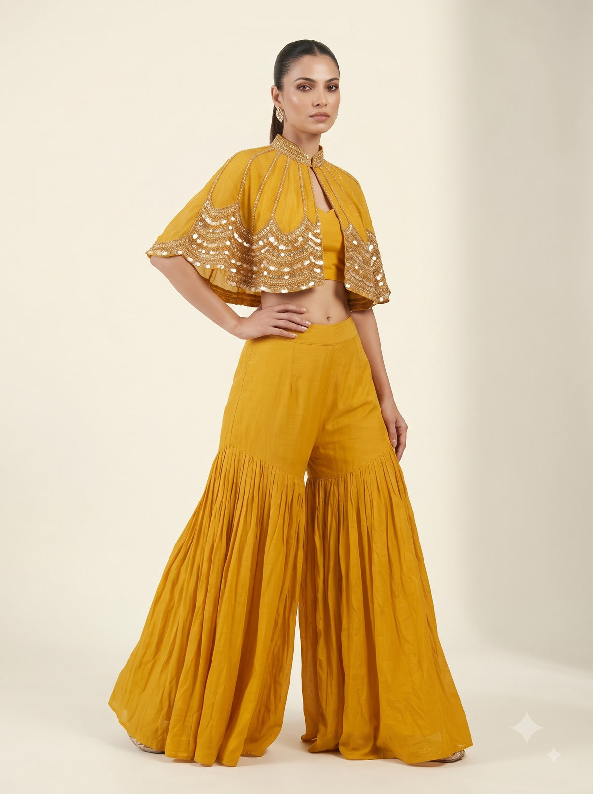 Mustard Chinon Crepe Sharara Set with Embellished Cape & Crop Top