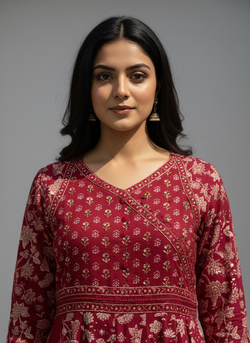 Maroon Floral Cotton Anarkali Suit for Women – Printed Daily Wear Kurta Set
