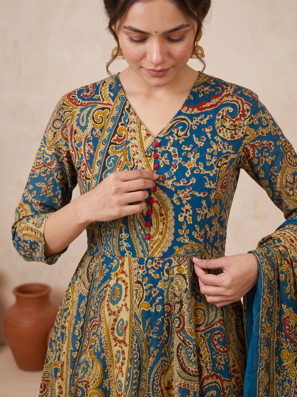 Blue Paisley Printed Cotton Anarkali Set