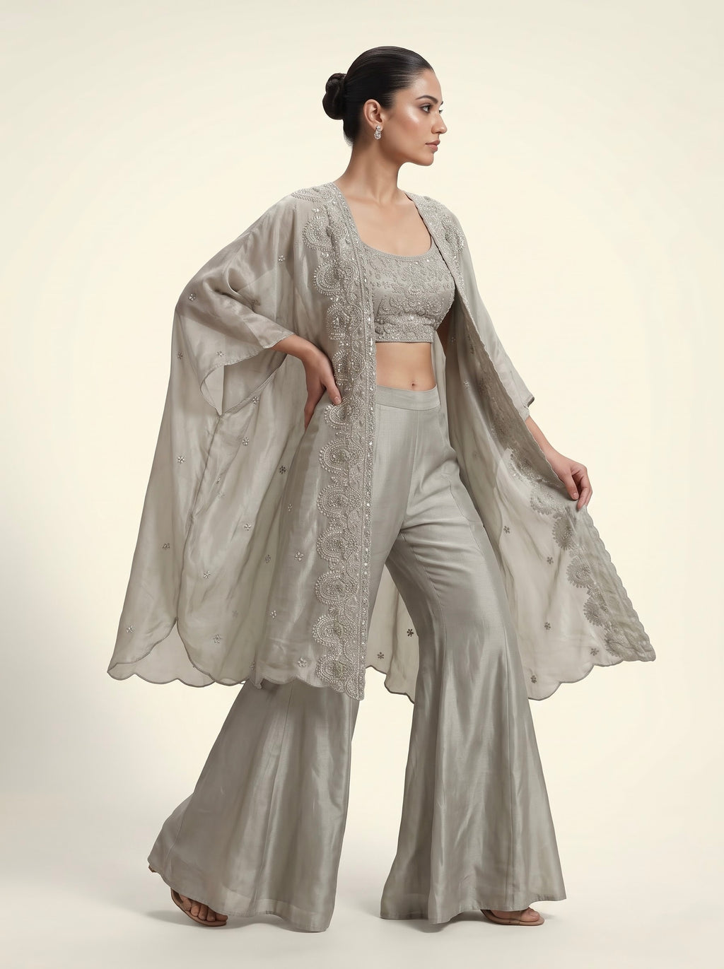 Silver Grey Italian Crepe Cape Set with Pearl Embroidered Crop Top & Palazzo
