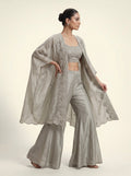 Silver Grey Italian Crepe Cape Set with Pearl Embroidered Crop Top & Palazzo