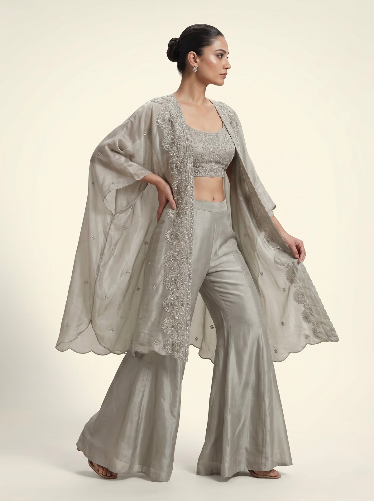 Silver Grey Italian Crepe Cape Set with Pearl Embroidered Crop Top & Palazzo