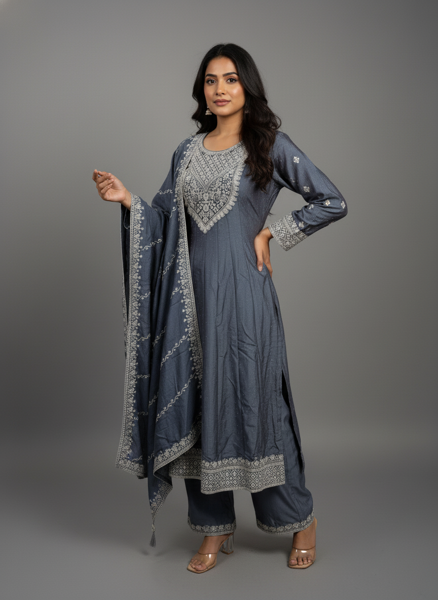 Aqua Grey Viscose Anarkali Suit Set with Sequin and Thread Work